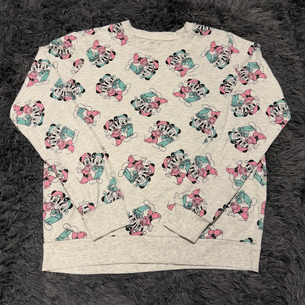 Disney Mickey Minnie Mouse Holiday Sweatshirt Gray Pink Teal Large
